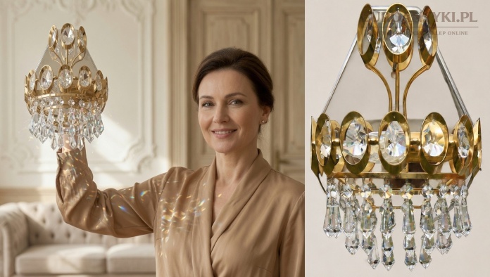 Komplet mosiężnych lamp ściennych z fasetowanymi kryształami